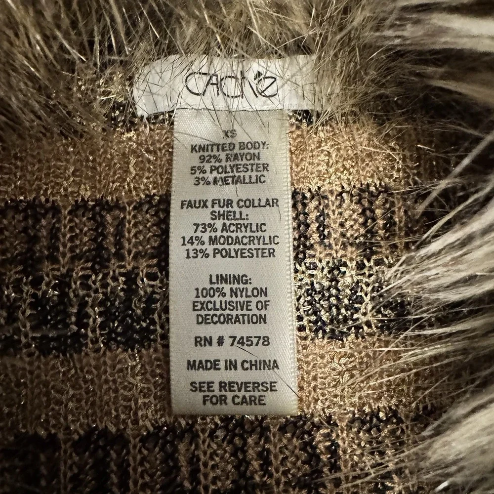 Cache VTG Womens Faux Fur Collar Chevron Cardigan XS Multicolor Glitter Y2K Glam
